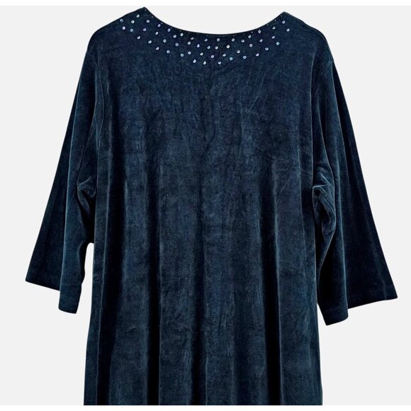 Quacker Factory Velvet Robe 1X Beaded Snowflake Teal Navy Blue Pockets Modest - Picture 7 of 12